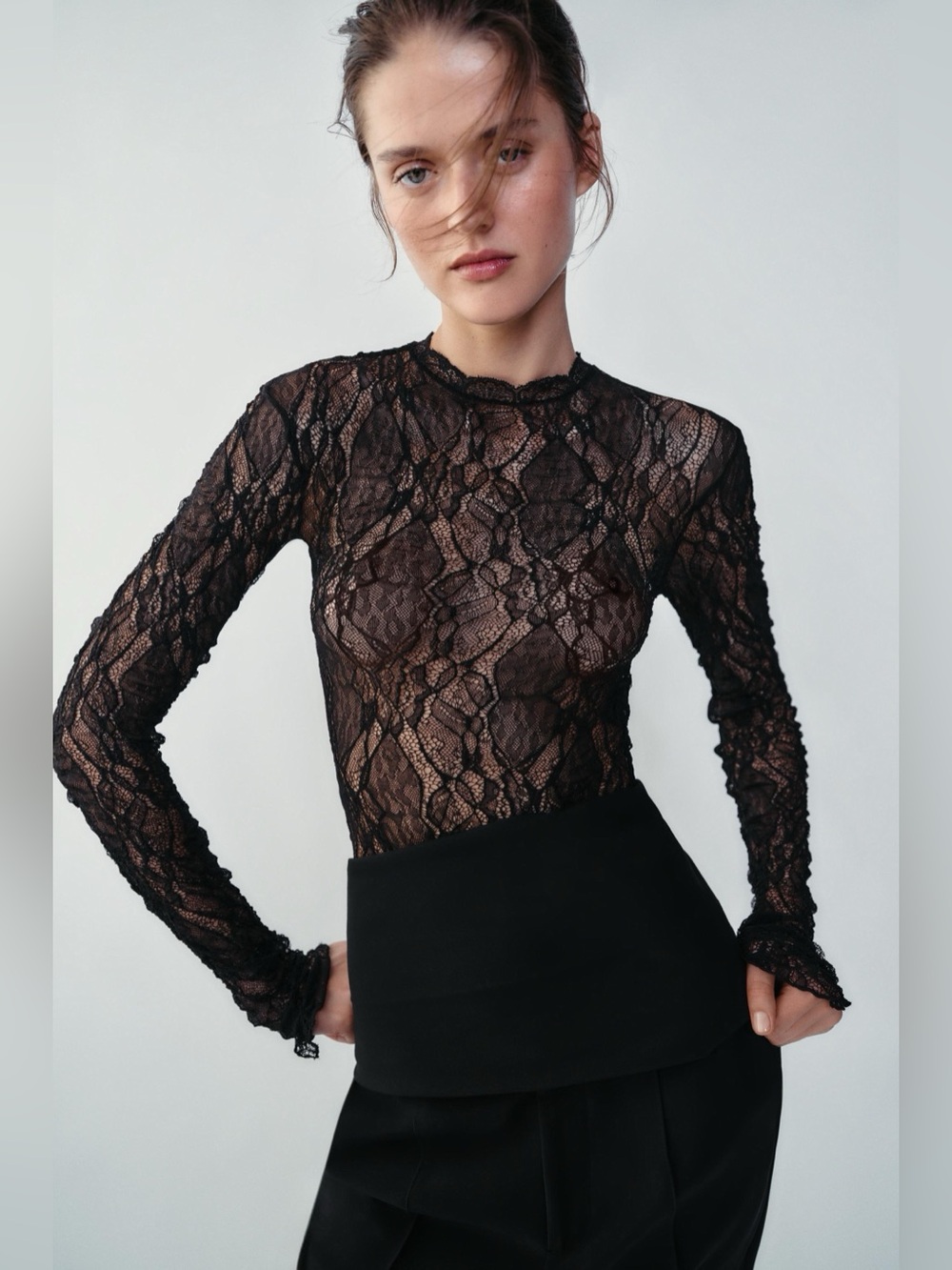 Zara NWT Long Sleeve Lace Bodysuit Sheer Romantic Women Size S
